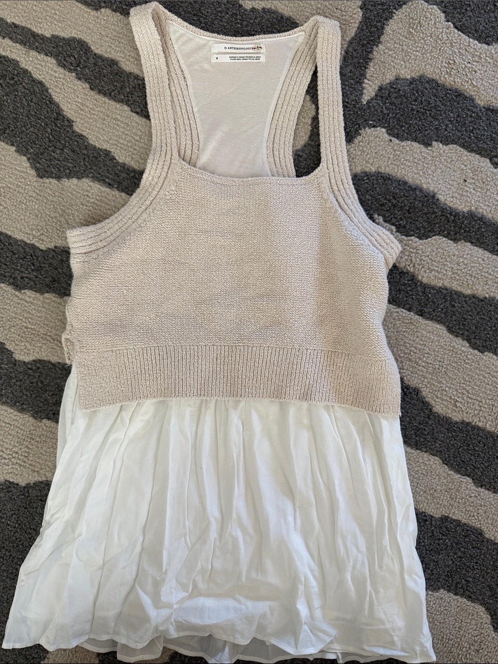 Anthropologie Cream Knit Racerback Tank with White Chiffon Hem